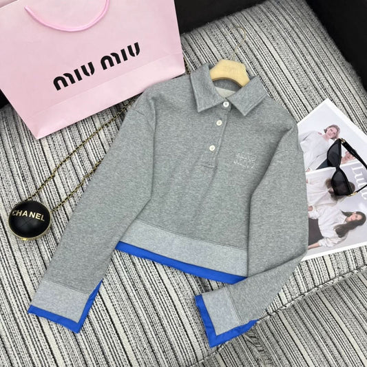 MIU25 Early Spring Blue Lapel Sweatshirt