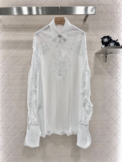 YY-Embroidered Lace Pointed Collar Silk Long Shirt