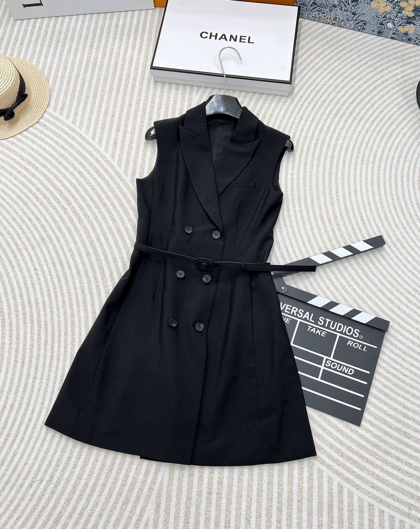 YY-Lapels Sleeveless Vest Double-Breasted Belted Dress