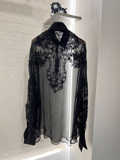 YY-Embroidered Lace Pointed Collar Silk Long Shirt