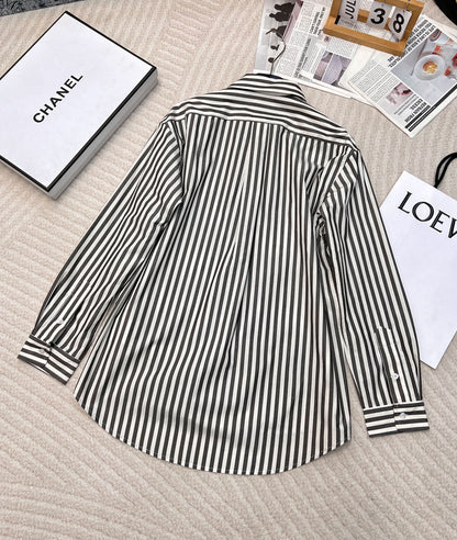 YY-Striped Embroidered Letter Double-Zip Shirt