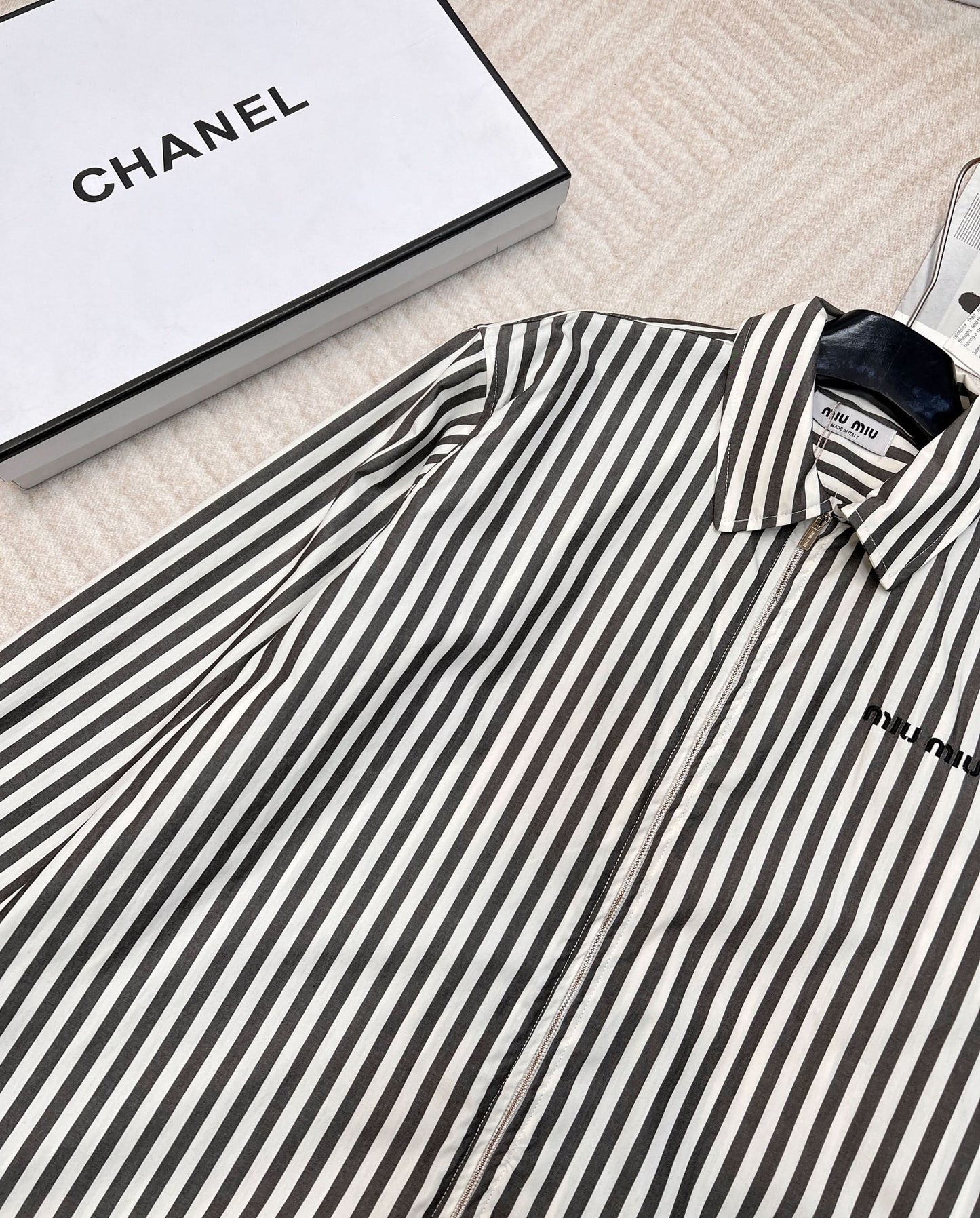 YY-Striped Embroidered Letter Double-Zip Shirt