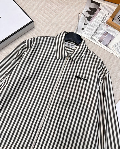 YY-Striped Embroidered Letter Double-Zip Shirt