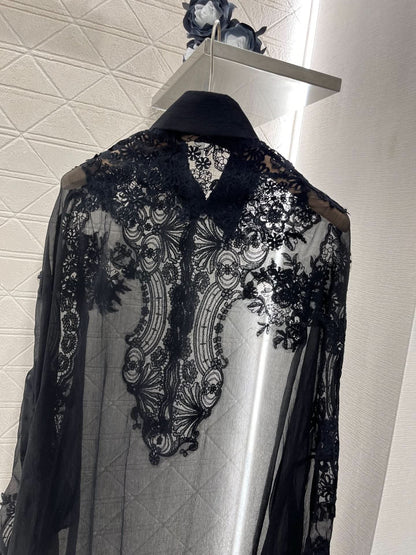 YY-Embroidered Lace Pointed Collar Silk Long Shirt