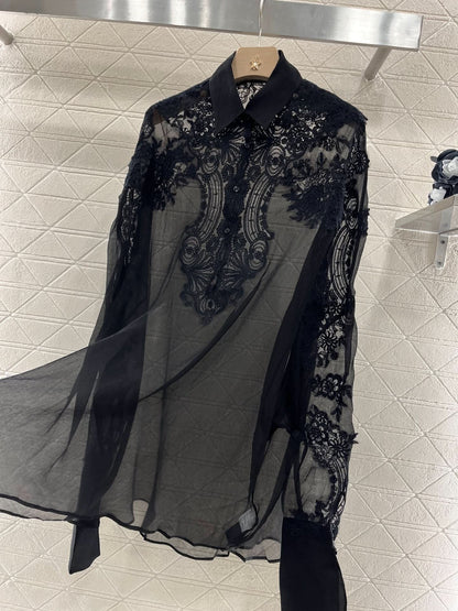 YY-Embroidered Lace Pointed Collar Silk Long Shirt