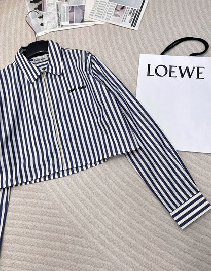 YY-Striped Embroidered Letter Shirt