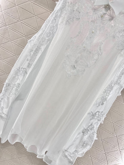 YY-Embroidered Lace Pointed Collar Silk Long Shirt