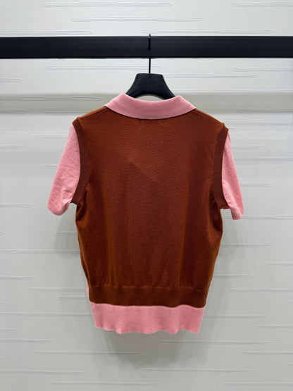 YY-Color Block Fake Two-Piece Knit Short Sleeve