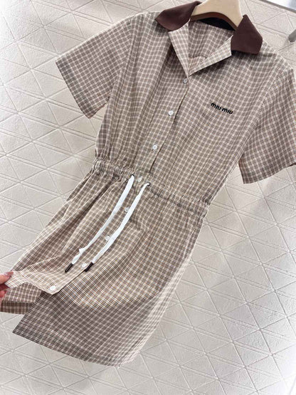 YY-Checkered Short-Sleeve Shirt Dress