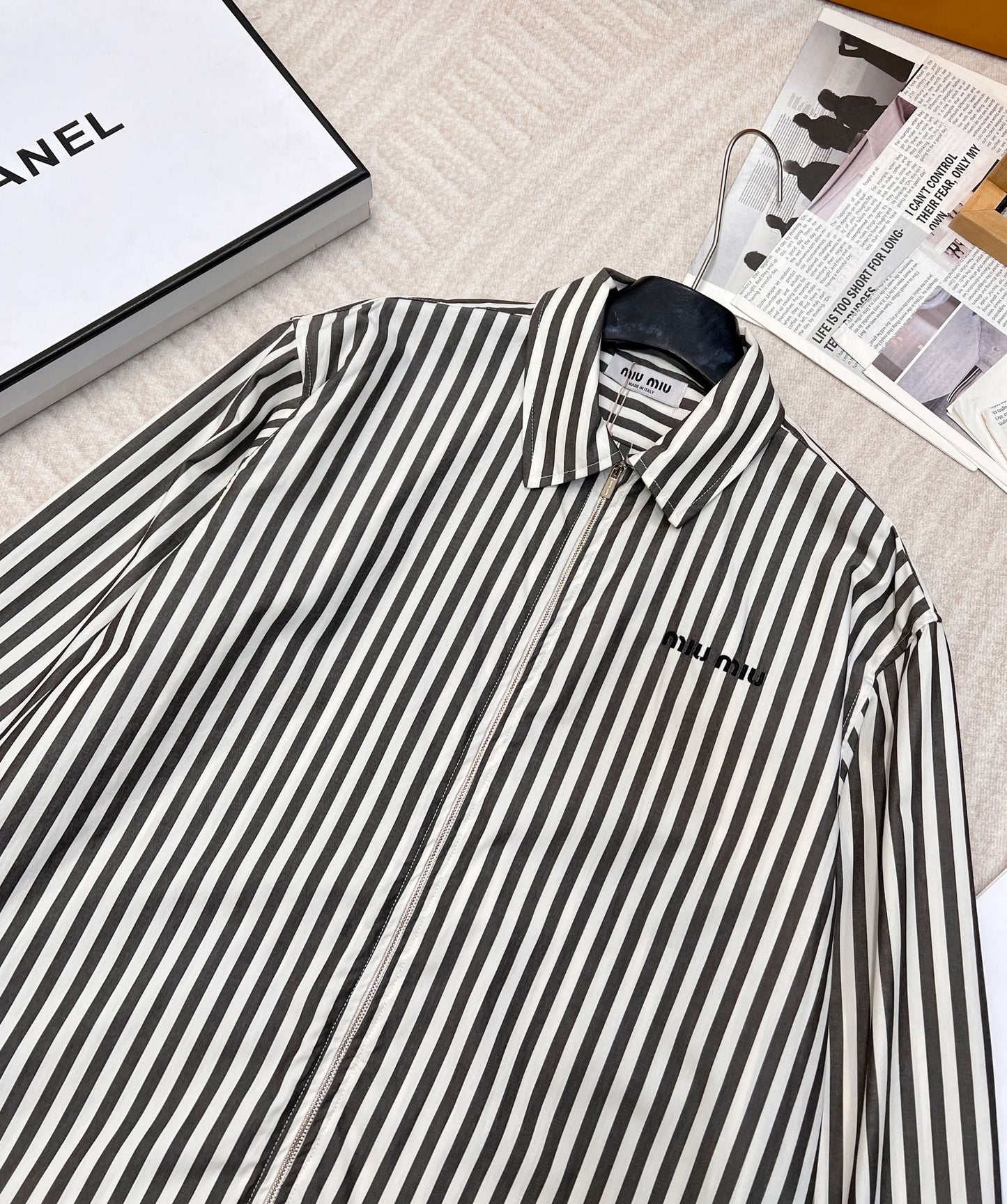 YY-Striped Embroidered Letter Double-Zip Shirt