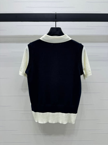 YY-Color Block Fake Two-Piece Knit Short Sleeve