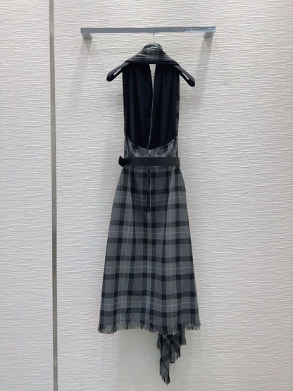 YY-Color Block Checkered Backless Dress