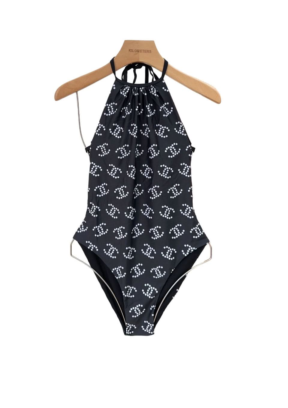 All over logo print halterneck swimsuit