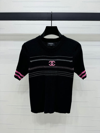 Chan*l Early Spring Vertical Stripe Double C Embroidery Knitted Short Sleeve