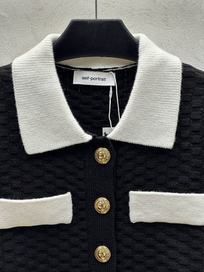 25SS New Color-blocked Knitted Gold Button Lapel Long-sleeved Cardigan