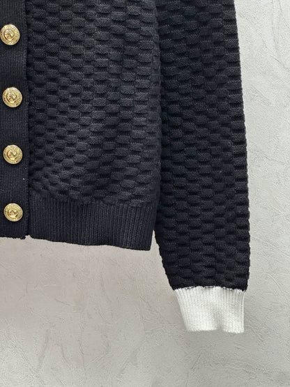 25SS New Color-blocked Knitted Gold Button Lapel Long-sleeved Cardigan